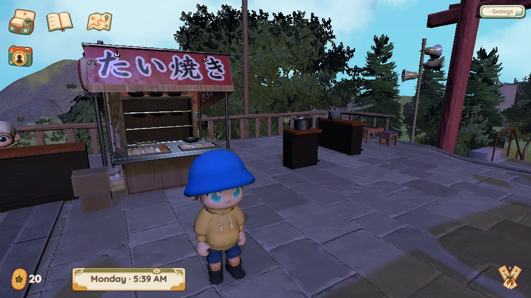A character standing near a small food stall in the sunny town of Ossan Yokai.
